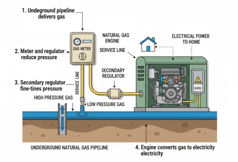 Can A Generator Run On Natural Gas? Everything You Need to Know 1 A diagram illustrating the flow of natural gas from an underground pipeline to a home standby generator
