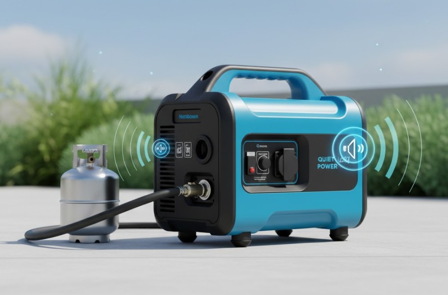 A sleek, dual-fuel inverter generator connected to a small propane tank