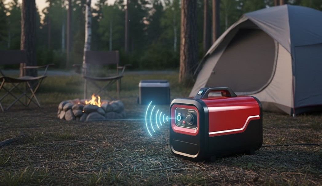 A sleek, red and black, closed-casing inverter generator