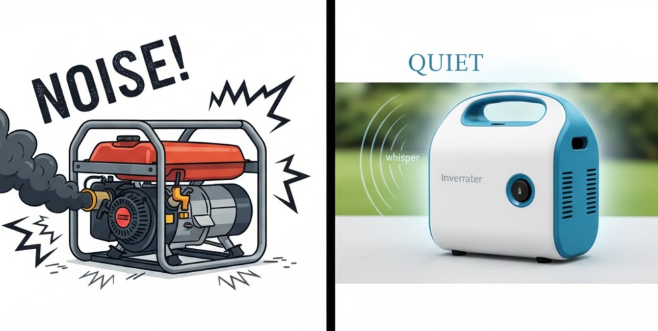 A split image showing the difference between a loud traditional portable generator (with an emphasis on noise/vibration lines) and a quiet inverter generator (with a subtle, calm appearance).