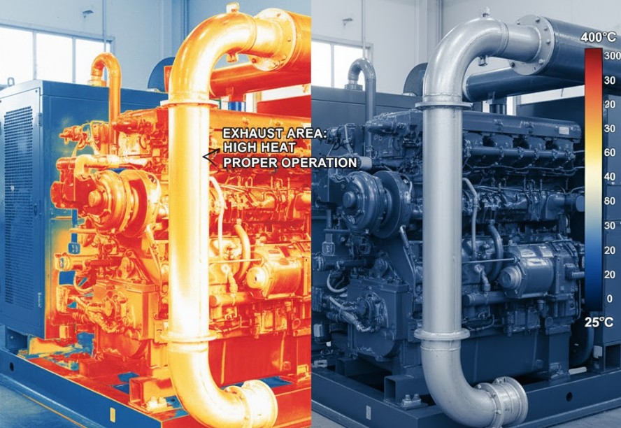 A thermal image overlay showing high heat in the exhaust area of a diesel generator after a full load test
