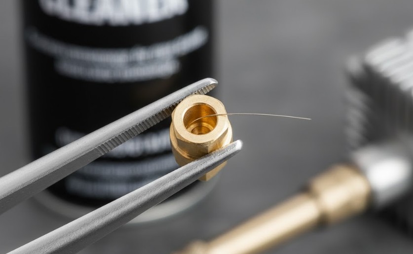 A Comprehensive Guide to Cleaning The Carburetor In Your Generator 2 An extreme close-up of a small engine carburetor main jet being cleaned with a fine wire strand