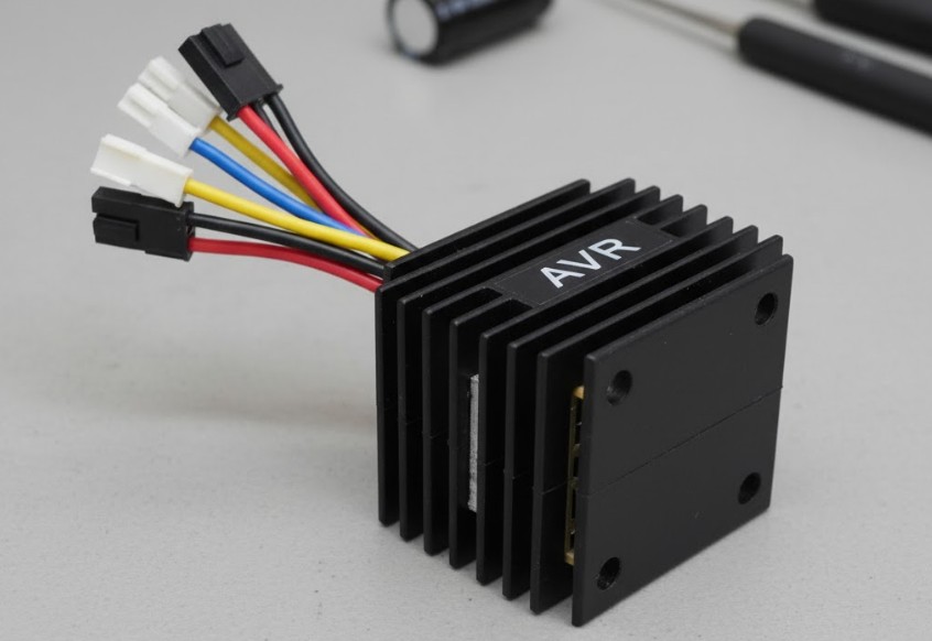 Close-up of a small, rectangular Automatic Voltage Regulator (AVR)