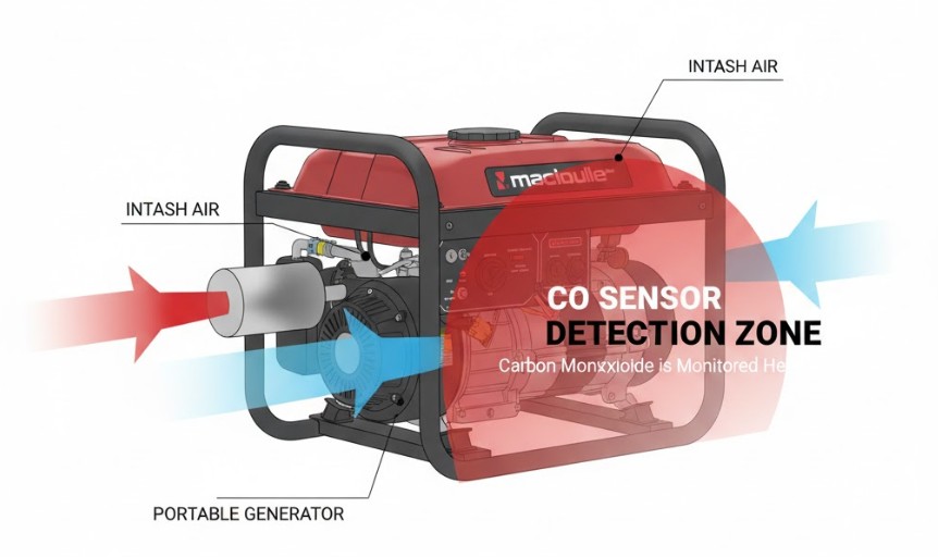 Diagram-style illustration showing the airflow and exhaust path of a generator