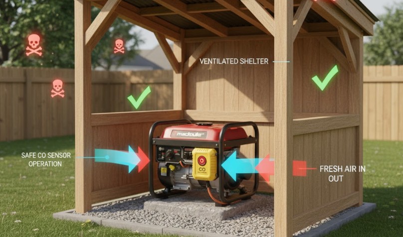 Outdoor scene showing a generator placed in a ventilated open-sided shed