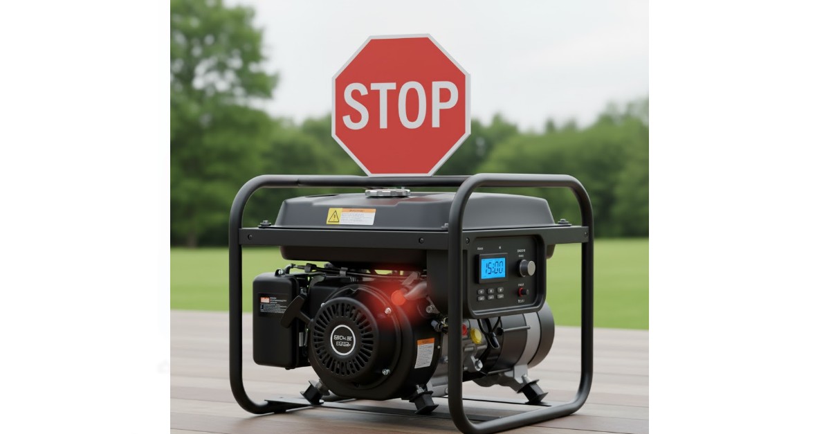 a portable gasoline generator with a visible, clear "STOP" sign covering the fuel cap.