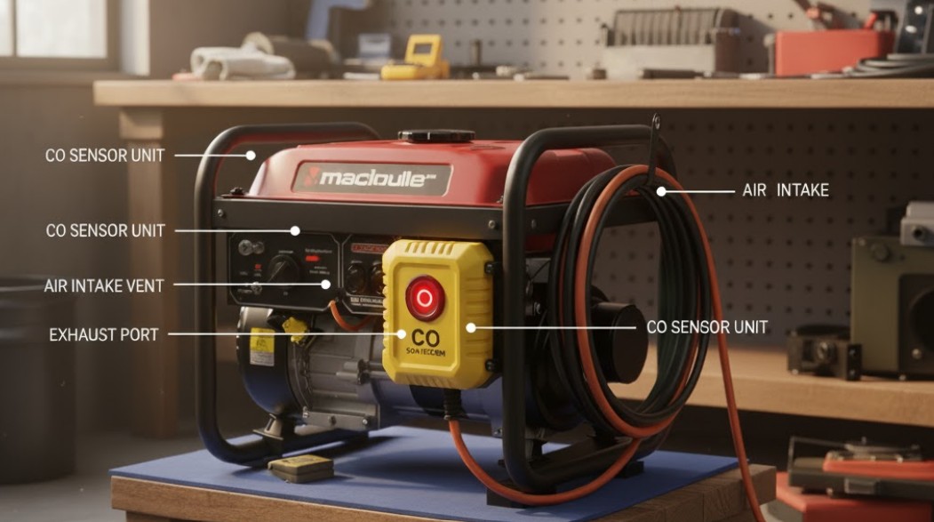 generator with tools on a workbench, labeled parts shown.