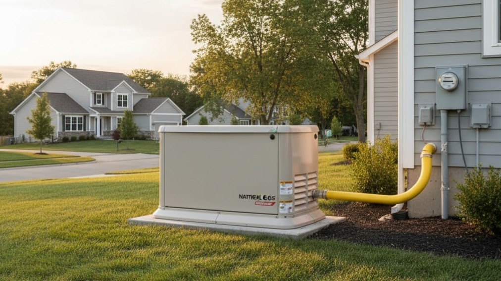 installation of a standby natural gas generator next to a suburban home with a clear gas line connection