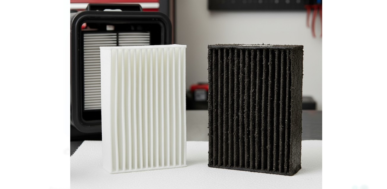 Cleaning and Maintaining Generator’s Air Filter for Peak Performance 1 paper filter and a heavily soiled black paper filter sit